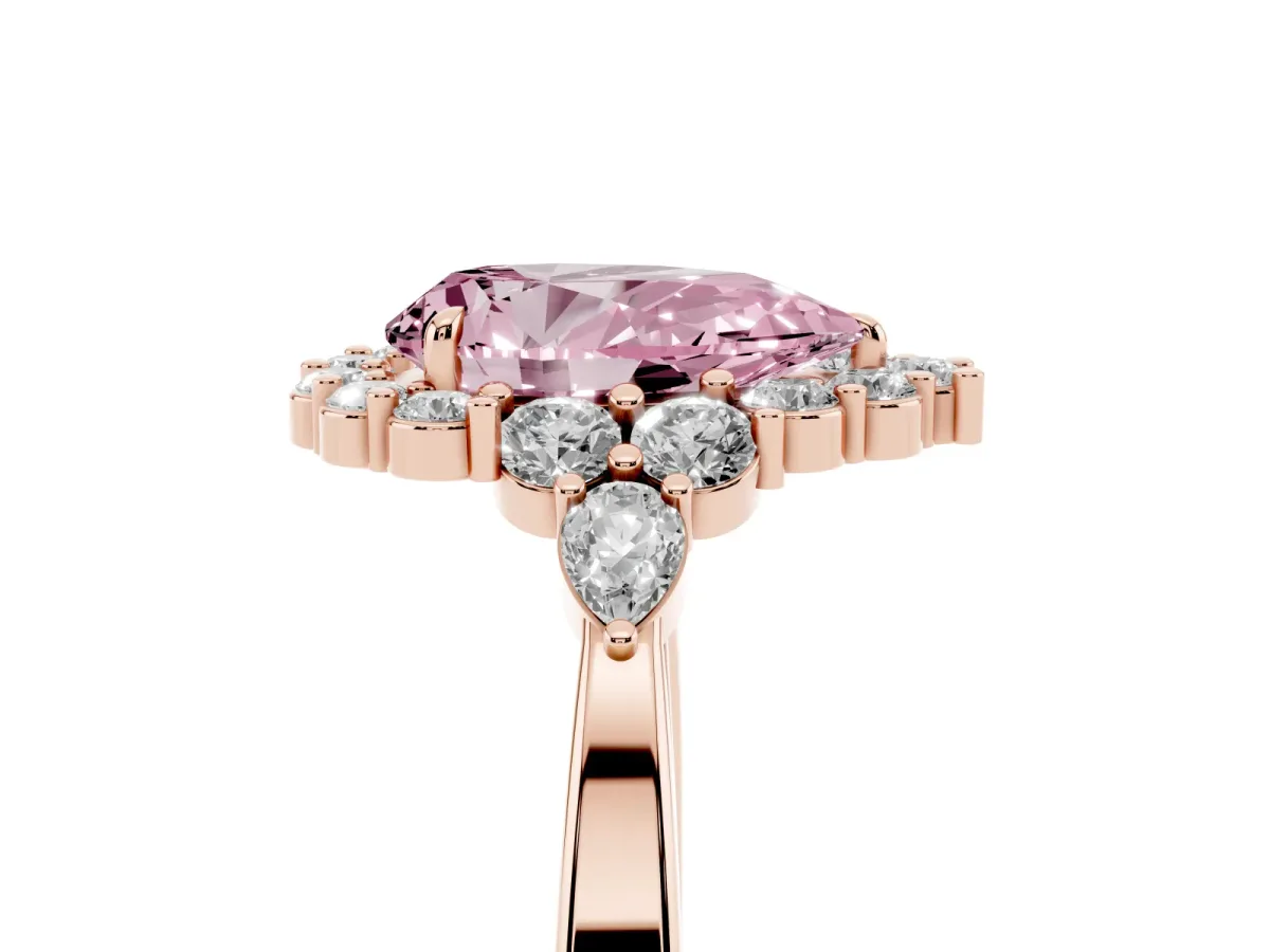 Fancy Pink Pear Cut Diamond Halo Ring with Pear Side Stones and Prong Setting Rose gold