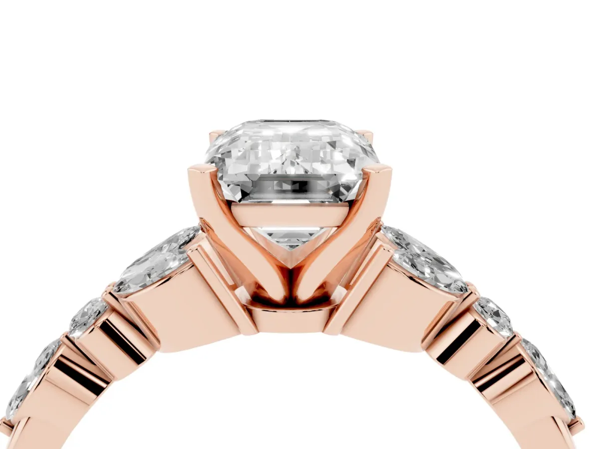 Emerald Cut Diamond Solitaire Ring with Side Stones and Four-Prong Setting Rose gold