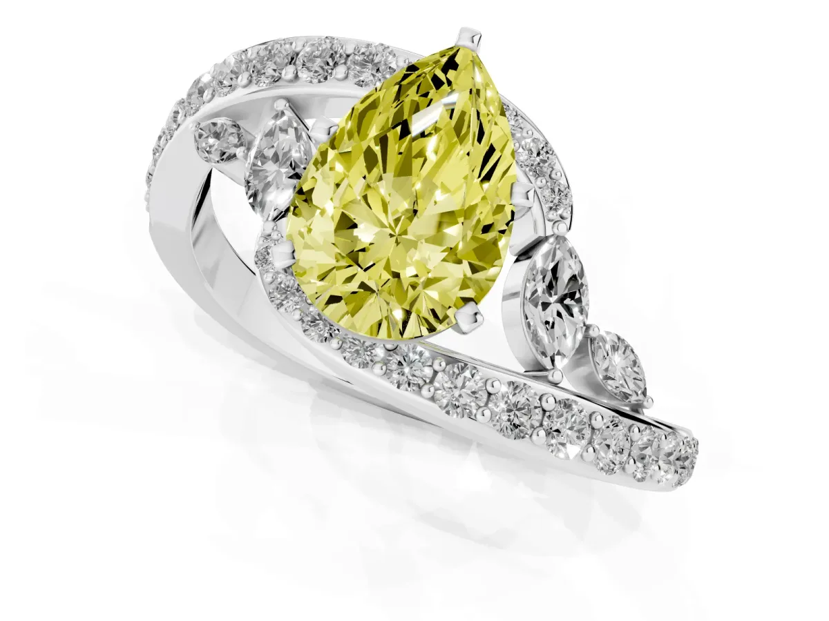 Fancy Yellow Pear Cut Solitaire with Pavé Twist Band and Four-Prong Setting Silver