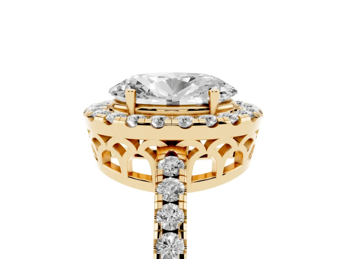 Oval Cut Halo Diamond Engagement Ring with Pavé Band and Four-Prong Setting Yellow gold