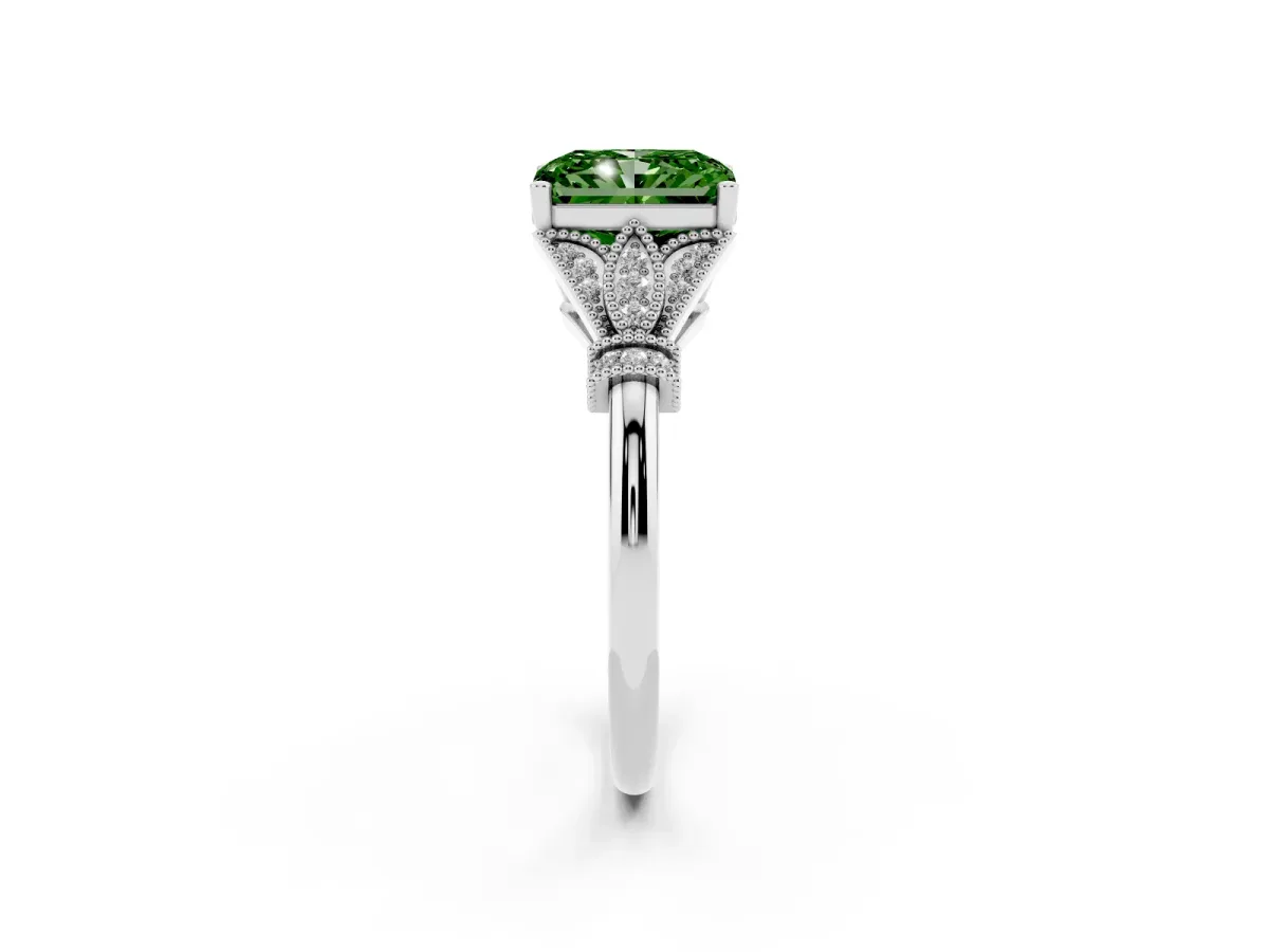 Fancy Green Radiant Cut Diamond Solitaire Ring with Floral Filigree and Pave Accents Platinum