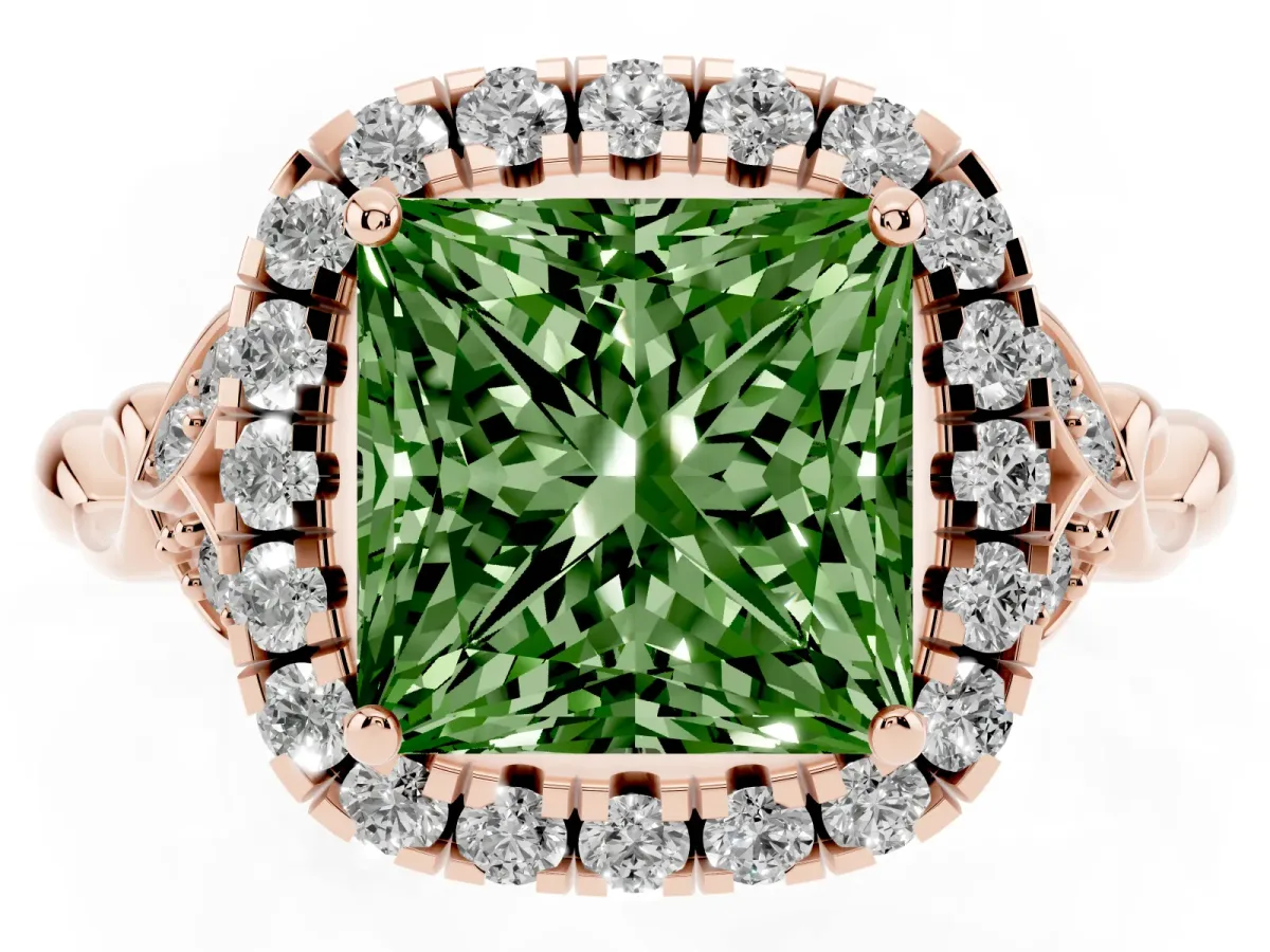 Fancy Green Princess Cut Halo Diamond Engagement Ring with Vintage-Inspired Band and Four-Prong Setting Rose gold