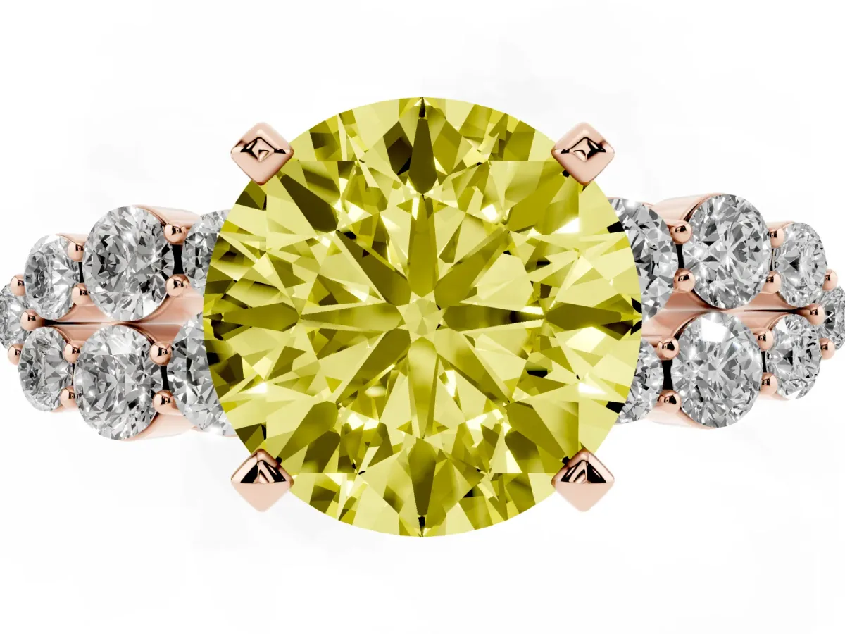 Fancy Yellow Round Cut Cluster Diamond Engagement Ring with Pavé Band and Four-Prong Setting Rose gold