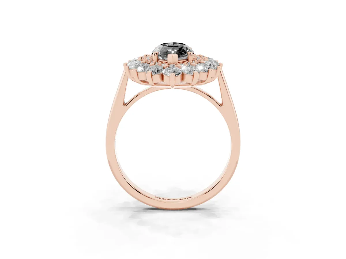 Fancy Black Marquise Cut Diamond Floral Double Halo Engagement Ring with Prong Setting Rose gold