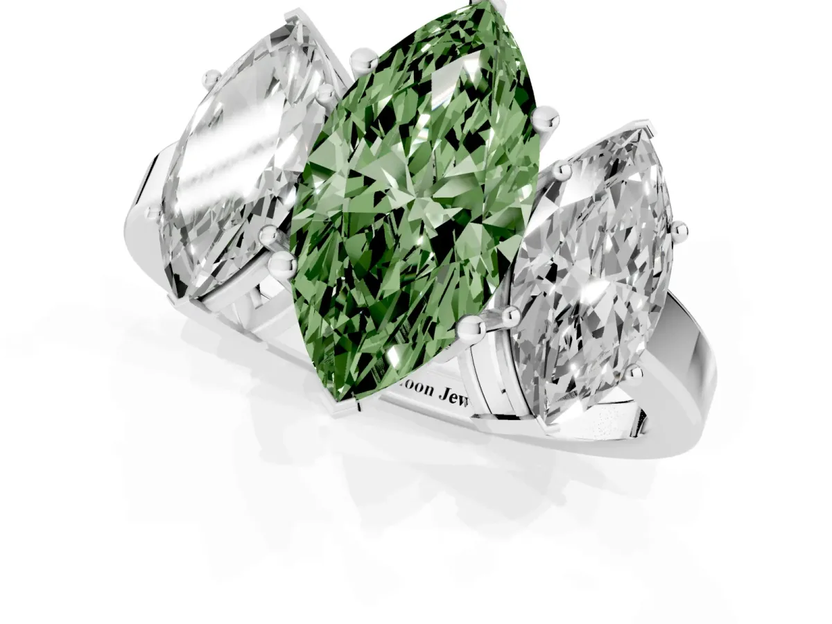 Fancy Green Three-Stone Marquise Cut Cut Diamond Engagement Ring with Flat Band and Four-Prong Setting Silver