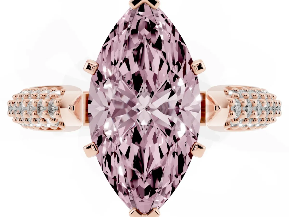 Fancy Pink Marquise Cut Diamond Solitaire Engagement Ring with Multi-Row Round Pavé Band and Prong Setting Rose gold