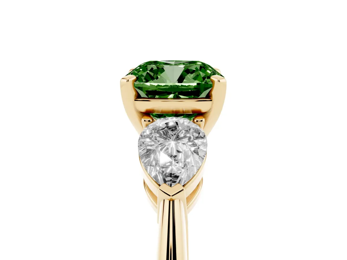 Fancy Green Three-Stone Cushion Cut Diamond Ring with Pear Side Stones and Four-Prong Setting Yellow gold