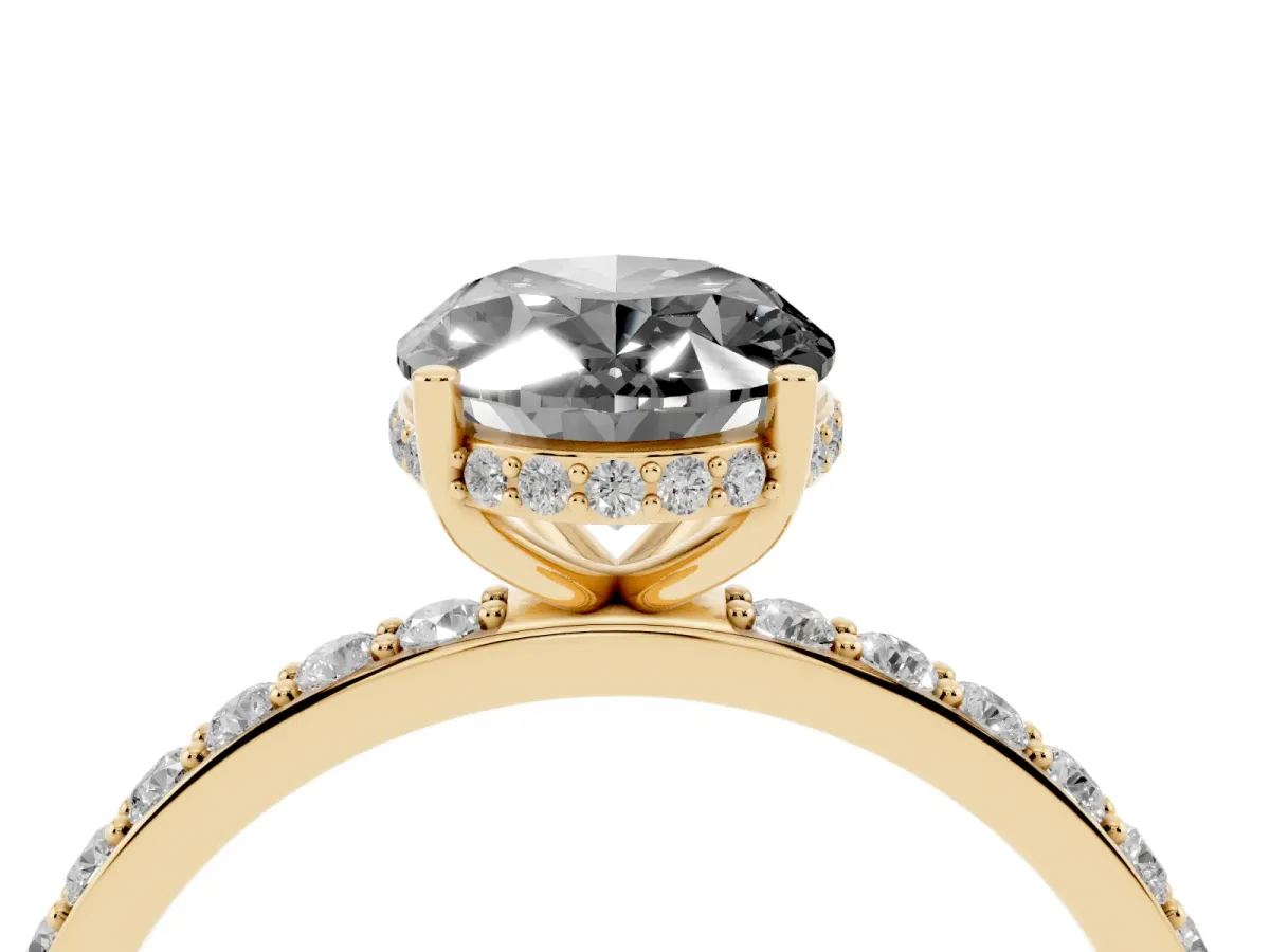 Fancy Black Oval Cut Diamond Solitaire Ring with Pavé Band and Hidden Halo Yellow gold