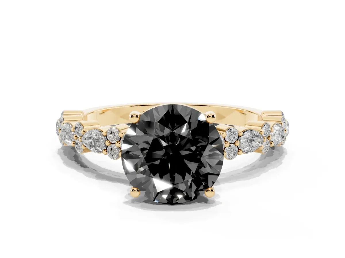 Fancy Black Round Cut Diamond Side Stone Solitaire Ring with Round and Four-Prong Setting Yellow gold