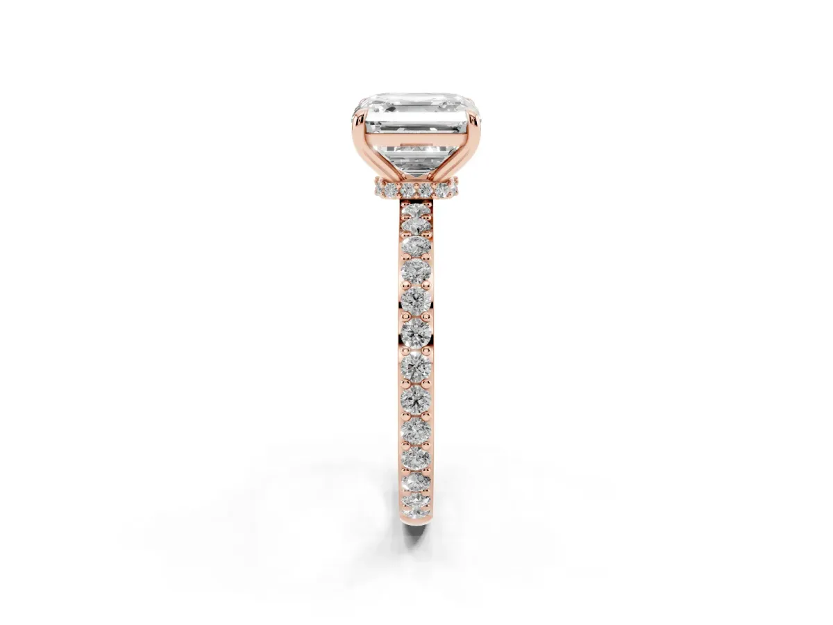 Asscher Cut Diamond Solitaire Engagement Ring with Pavé Band and Four-Prong Setting Rose gold