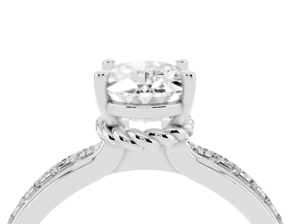 Oval Cut Solitaire Diamond Ring with Channel Set Band and Six-Prong Setting Silver