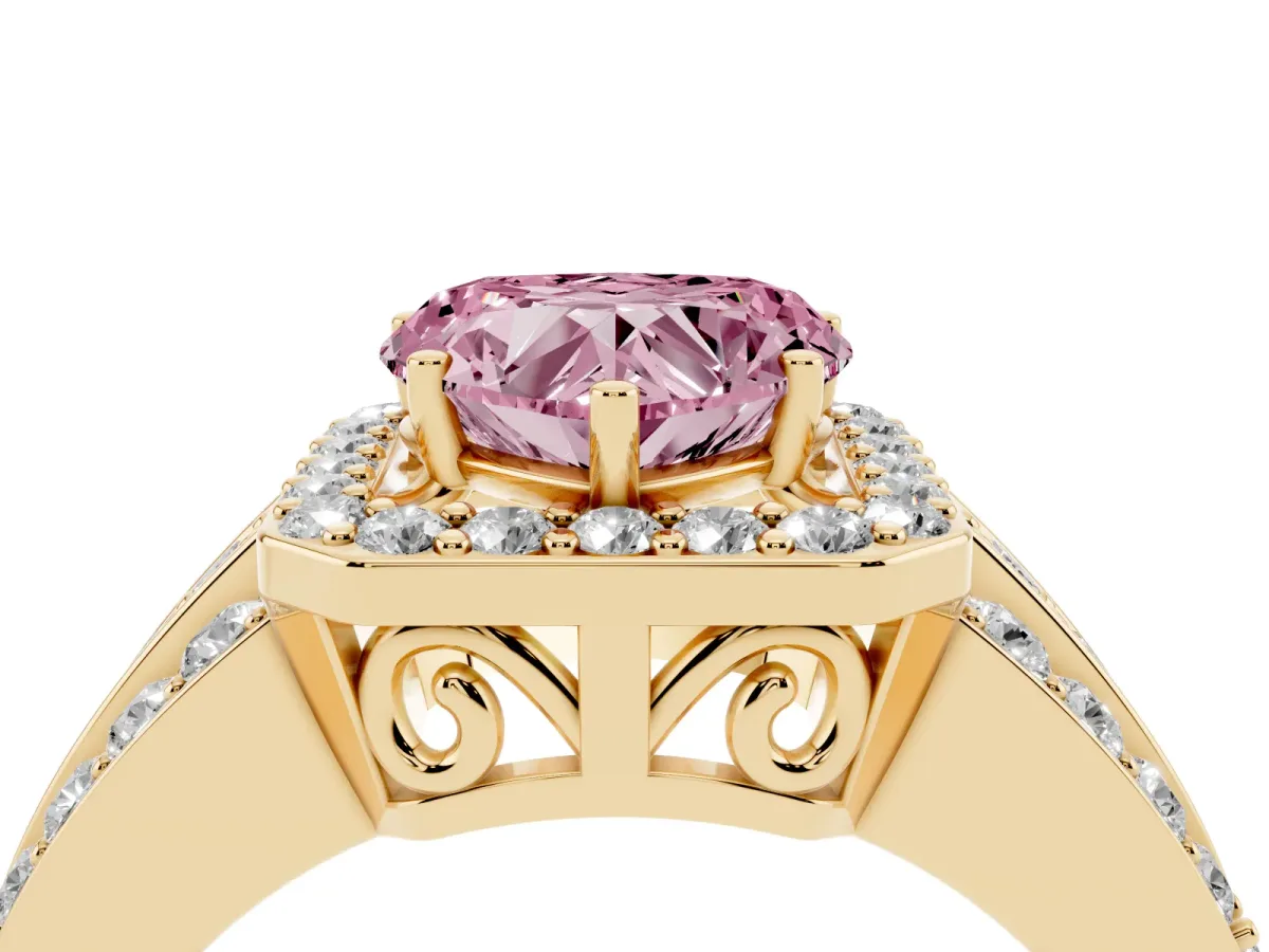 Fancy Pink Heart Cut Halo Diamond Ring with Round Split Shank and Prong Setting Yellow gold