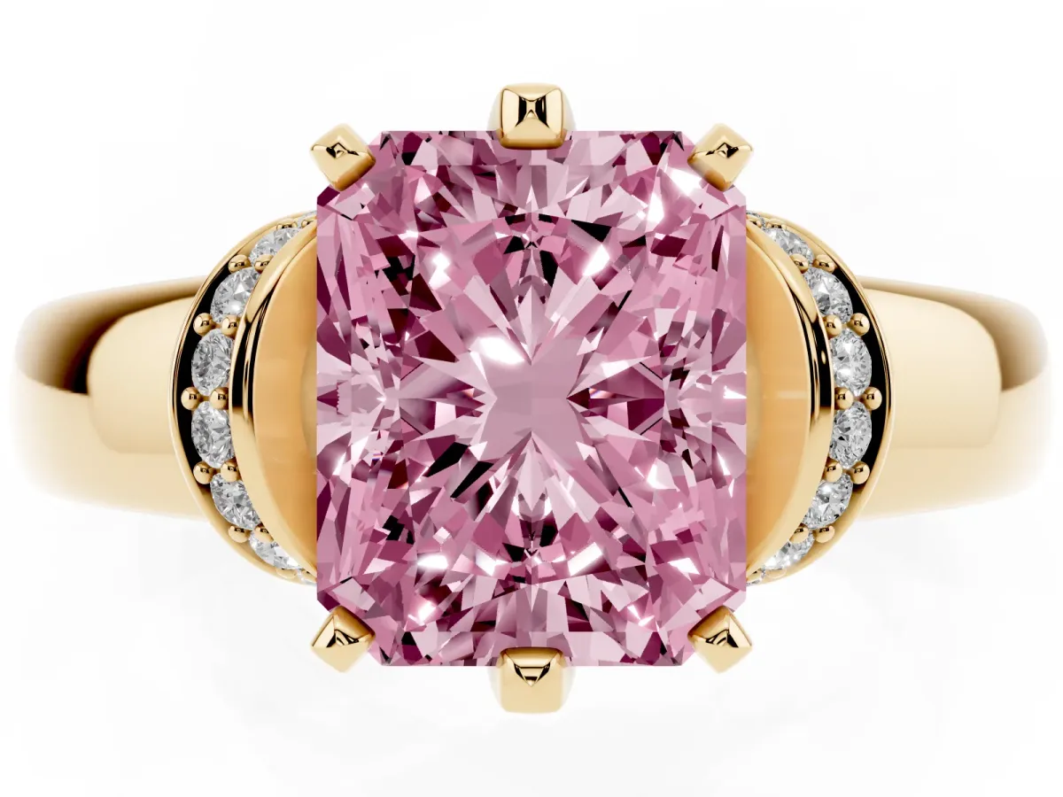 Fancy Pink Radiant Cut Solitaire Diamond Ring with Pave Band and Six-Prong Setting Yellow gold