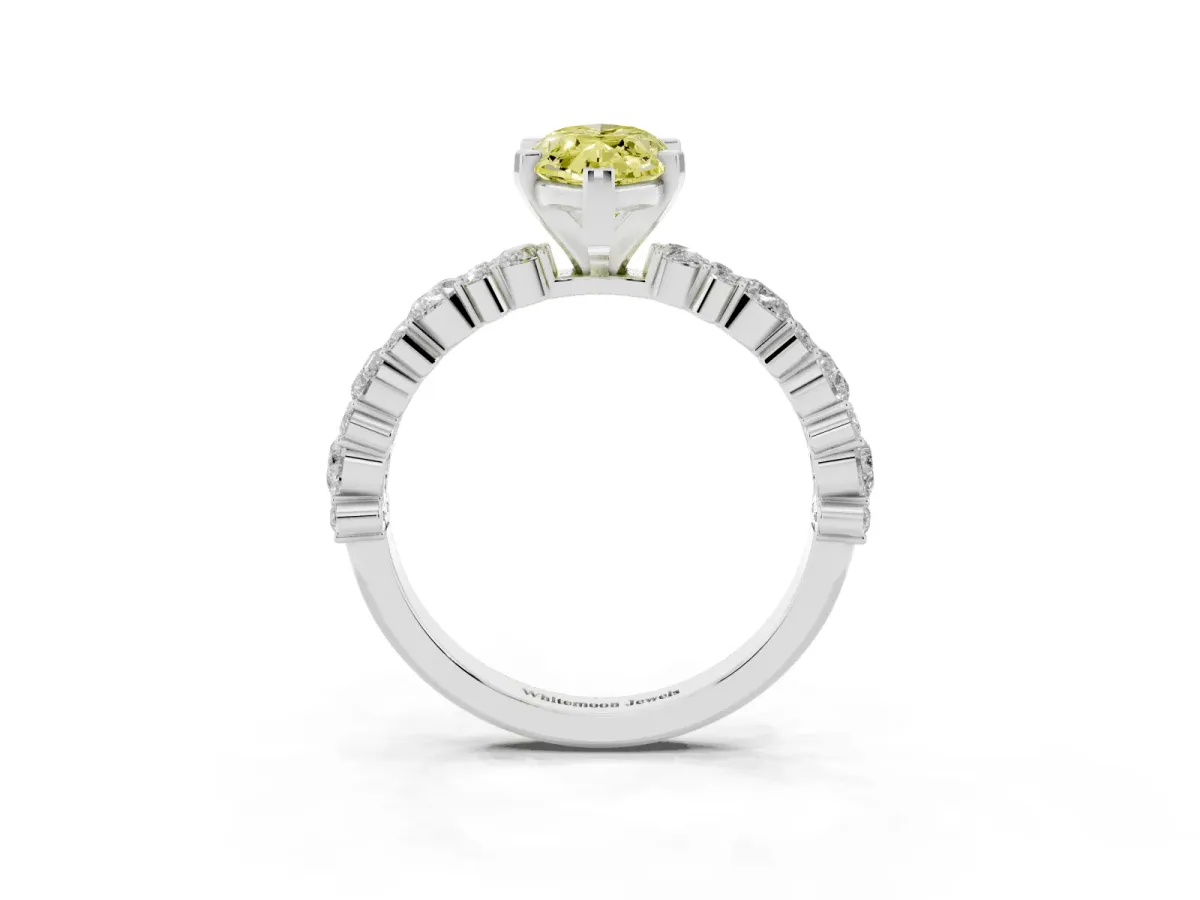 Fancy Yellow Marquise Cut Diamond Side Stone Solitaire Ring with Round and Four-Prong Setting Silver