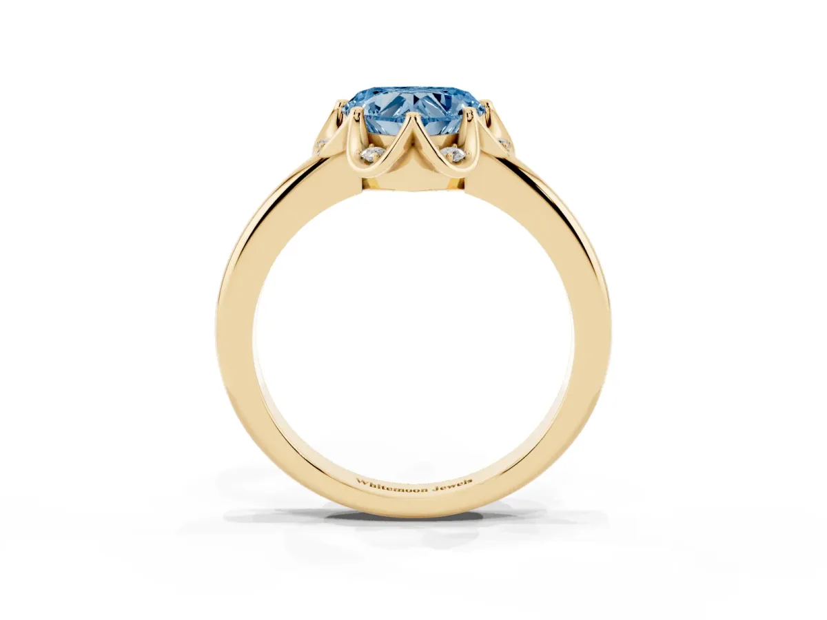 Fancy Blue Heart Cut Halo Diamond Ring with Round Cluster Setting, Solitaire Band, and Four-Prong Setting Yellow gold