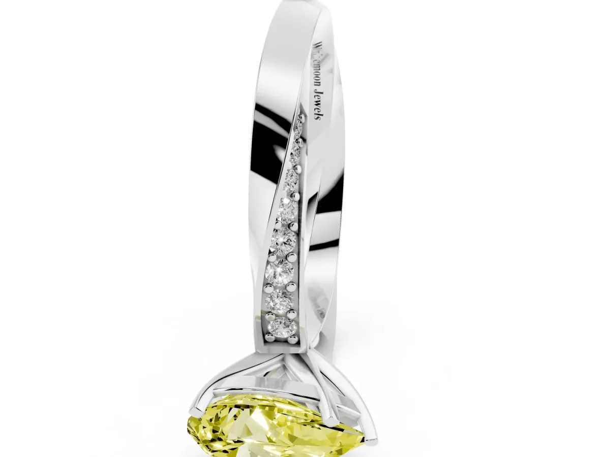 Fancy Yellow Pear Cut Diamond Engagement Ring with Side Stone Accents and Four-Prong Setting Platinum