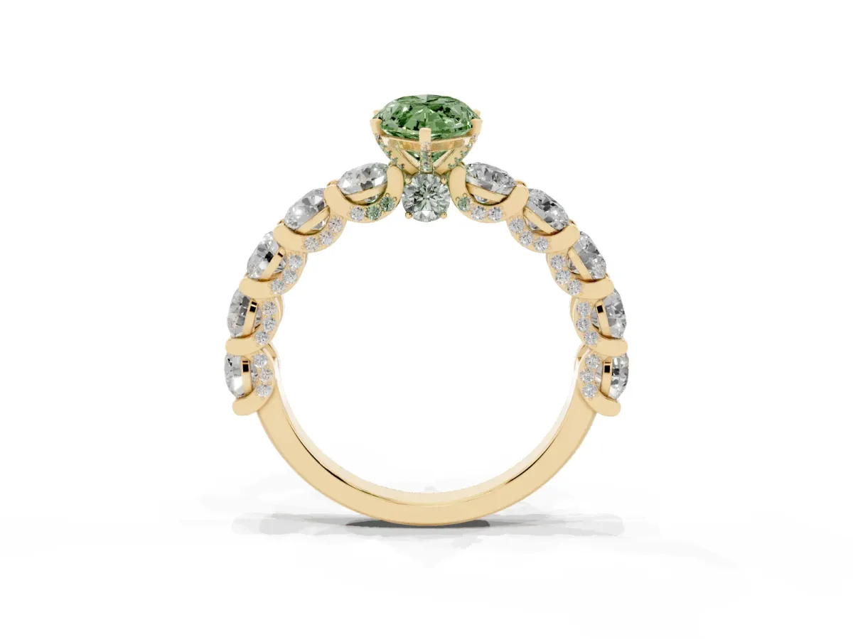 Fancy Green Marquise Cut Diamond Side Stone Engagement Ring with Four-Prong Setting Yellow gold