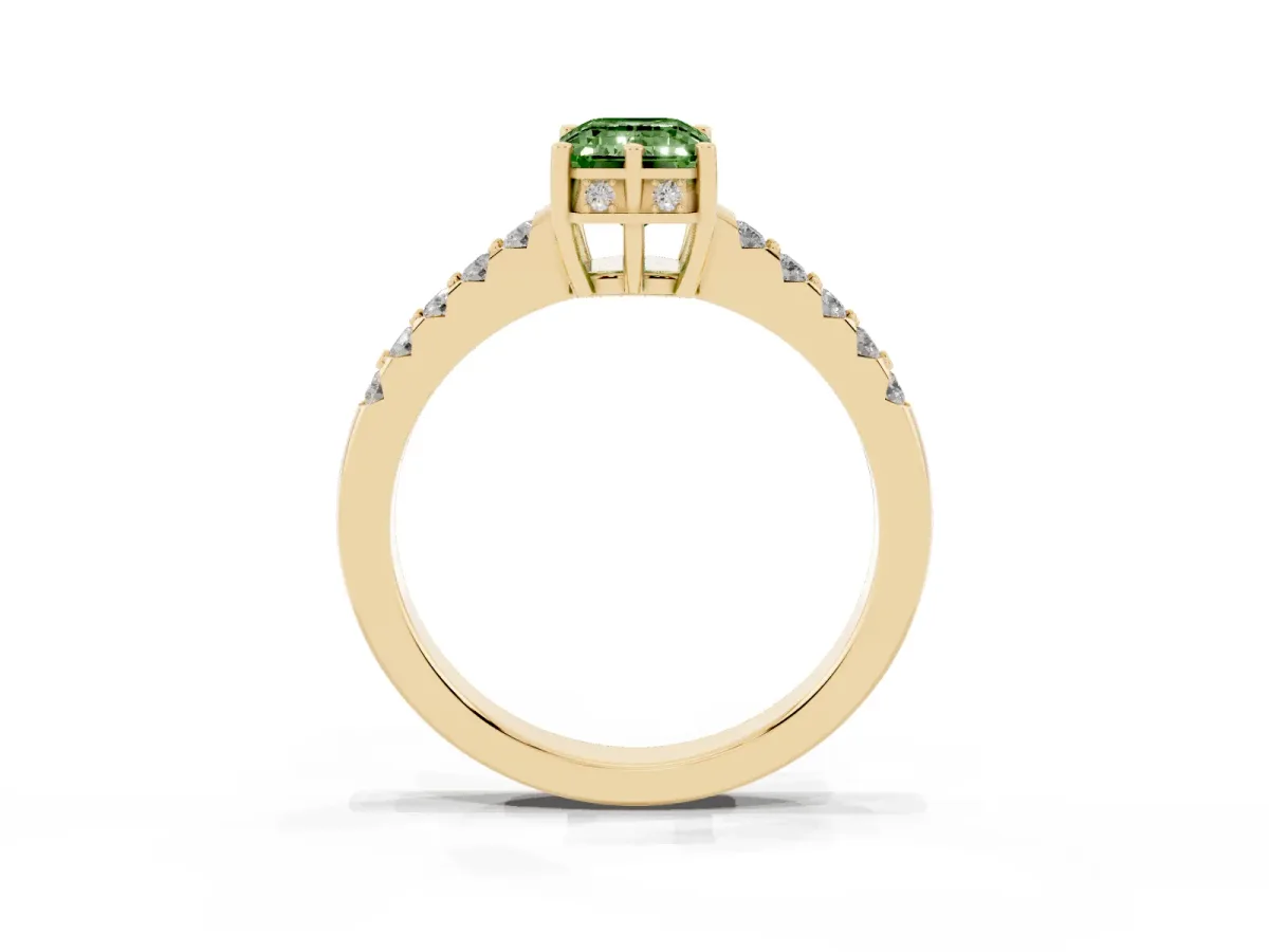 Fancy Green Emerald Cut Solitaire Diamond Engagement Ring with Pavé Band and Six-Prong Setting Yellow gold