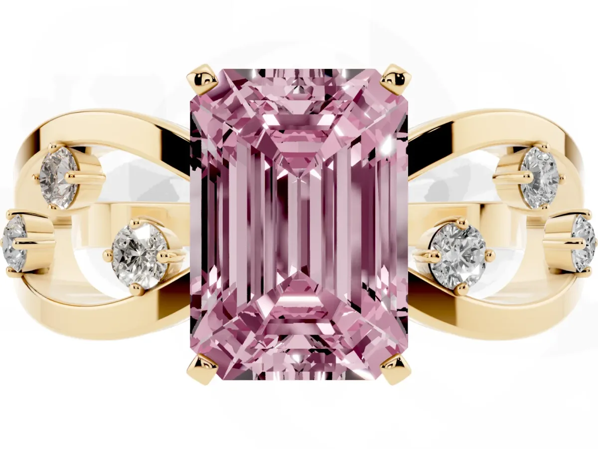 Fancy Pink Emerald Cut Cut Solitaire Diamond with Side Stones on Criss-Cross Band and Four-Prong Setting Yellow gold