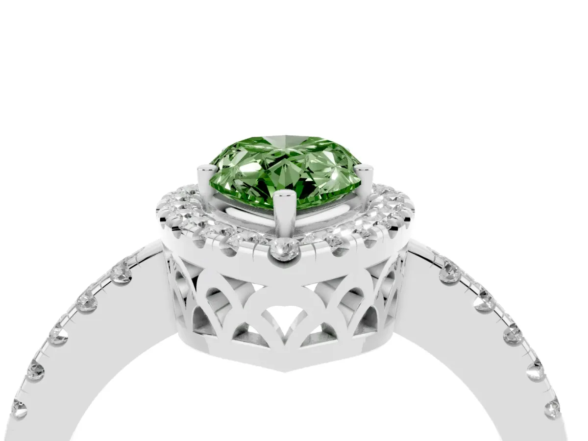Fancy Green Pear Cut Halo Diamond Engagement Ring with Pavé Band and Four-Prong Setting Silver