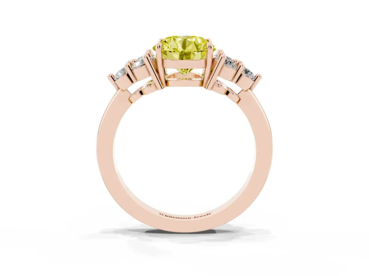 Fancy Yellow Round Cut Brilliant Diamond Cluster Accent Solitaire Ring with Prong Setting Rose gold