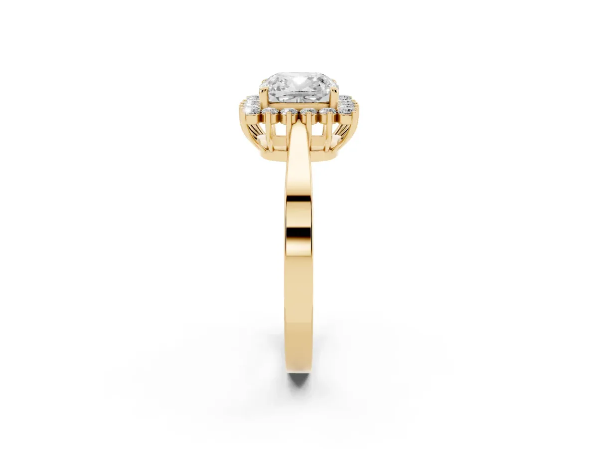 Cushion Cut Cut Diamond Halo Ring with Round Brilliant Halo and Solitaire Band Yellow gold