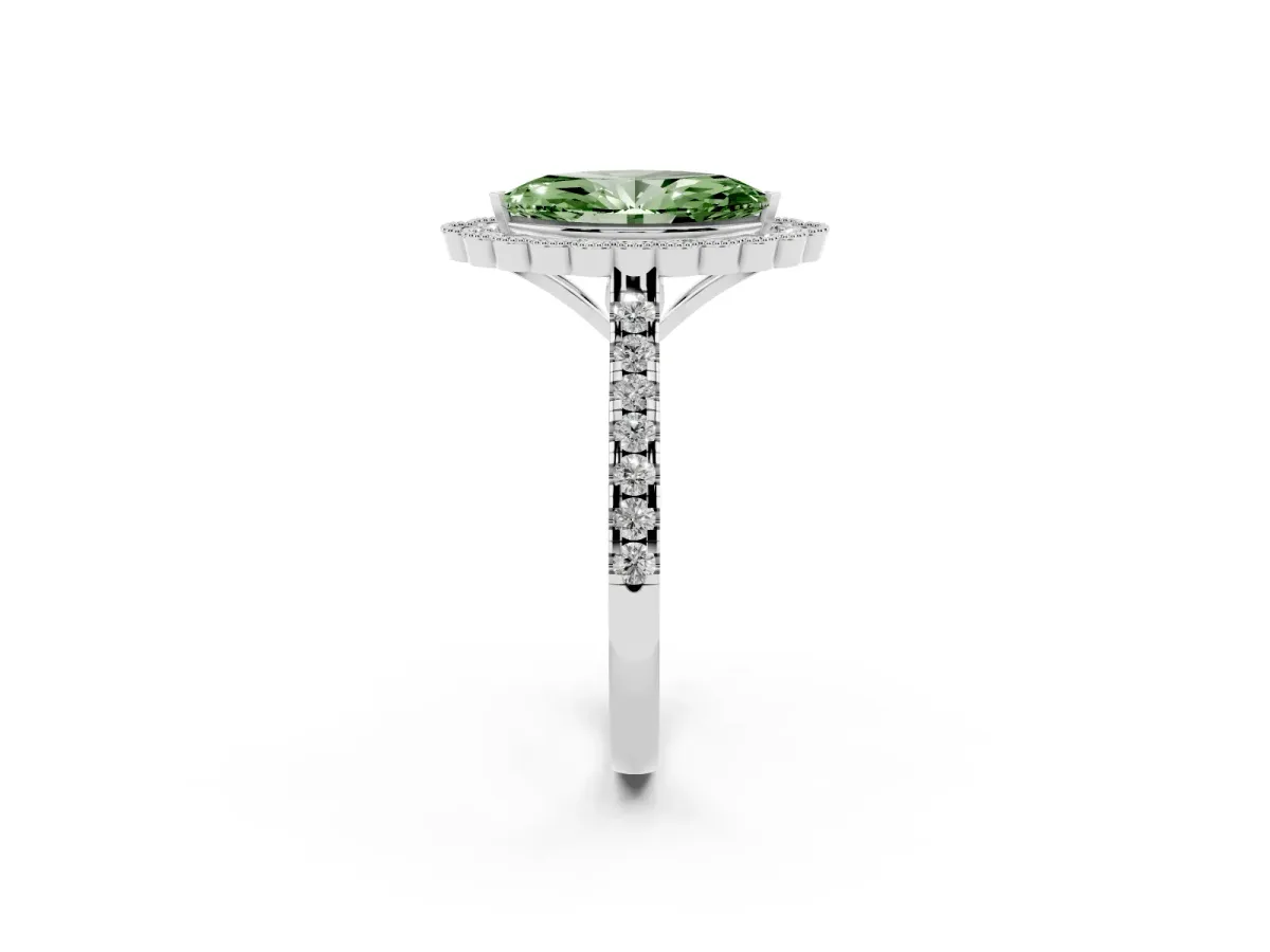 Fancy Green Marquise Cut Cut Diamond Milgrain Floral Halo Engagement Ring with Pavé Band White gold