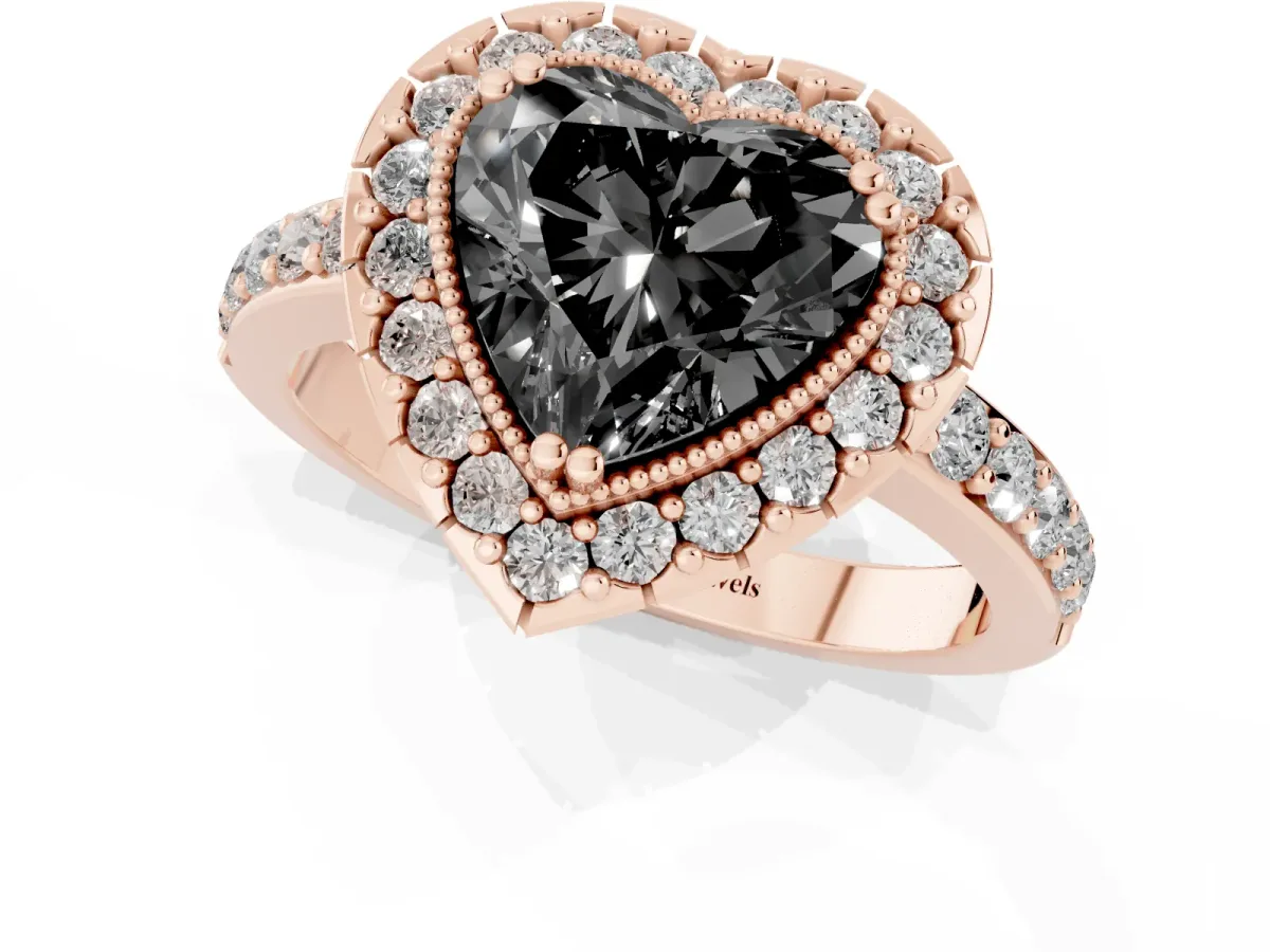 Fancy Black Heart Cut Diamond Halo Ring with Pavé Band and Prong Setting Rose gold