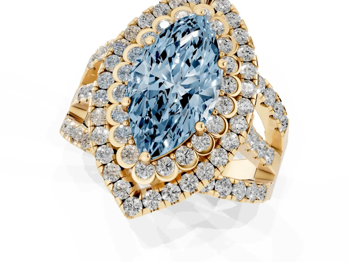 Fancy Blue Marquise Cut Diamond Double Halo Ring with Round Pavé Split Shank and Prong Setting Yellow gold