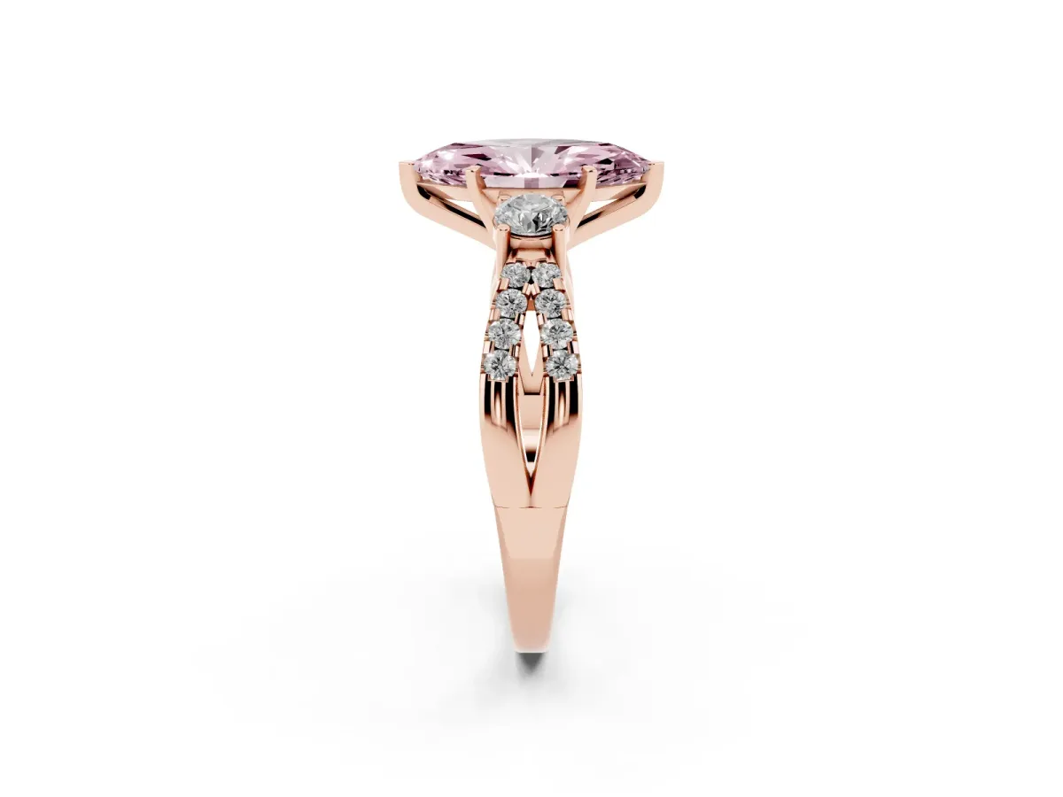 Fancy Pink Marquise Cut Diamond Three-Stone Ring with Pavé Split Shank and Four-Prong Setting Rose gold