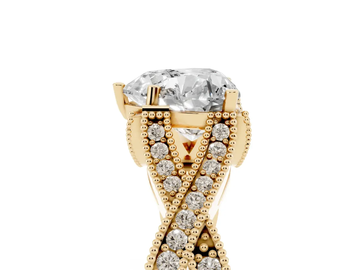 Heart Cut Cut Diamond Twisted Band with Milgrain Pave Setting and Four-Prong Setting Yellow gold