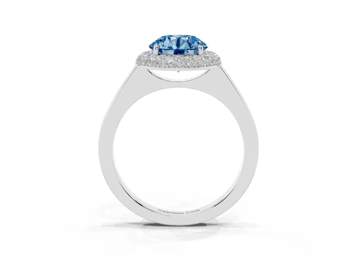 Fancy Blue Round Cut Halo Diamond Engagement Ring with Solitaire Band and Four-Prong Setting Silver