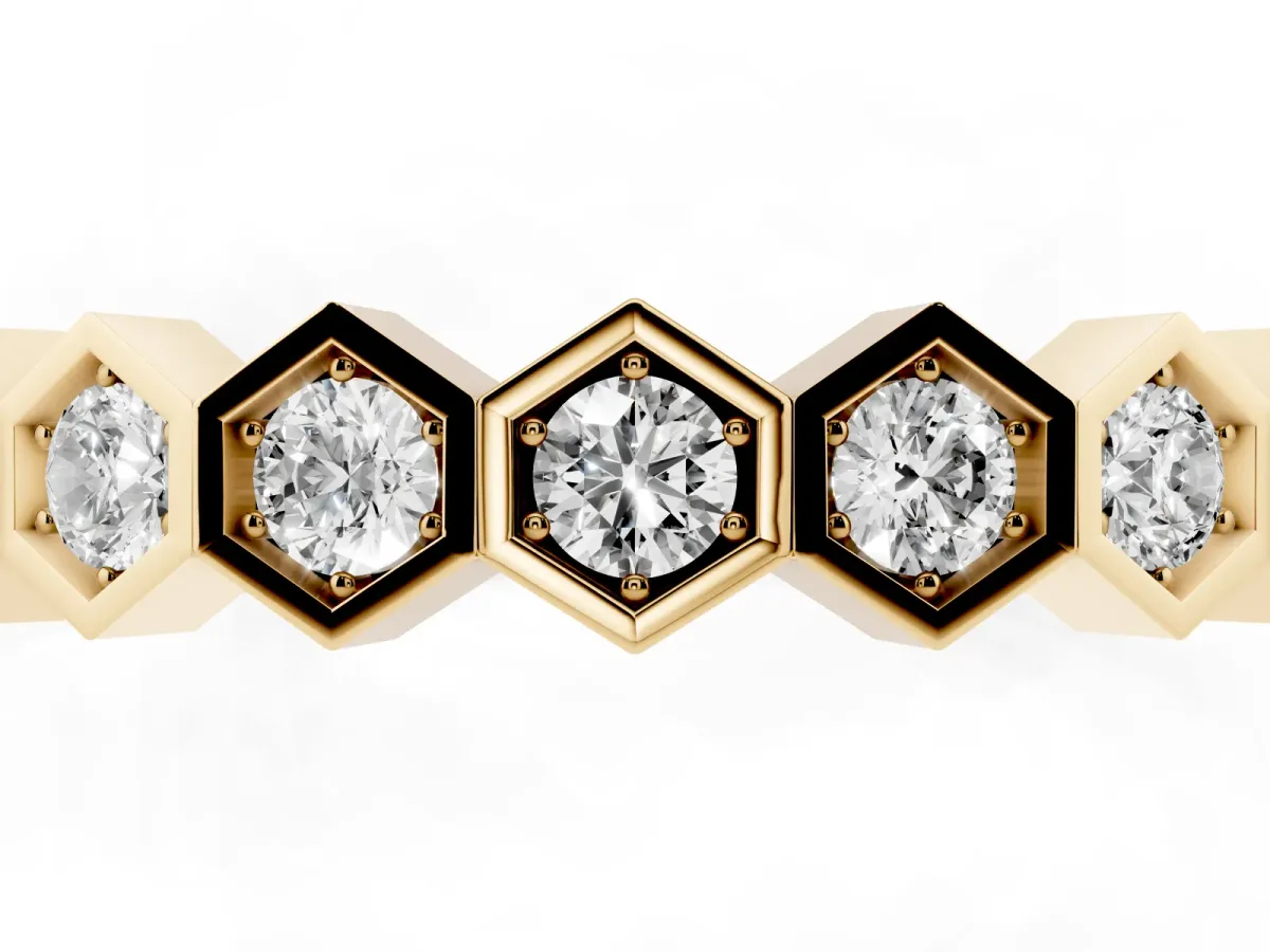 Hexagon Pave Diamond Eternity Band with Bezel Setting Yellow gold