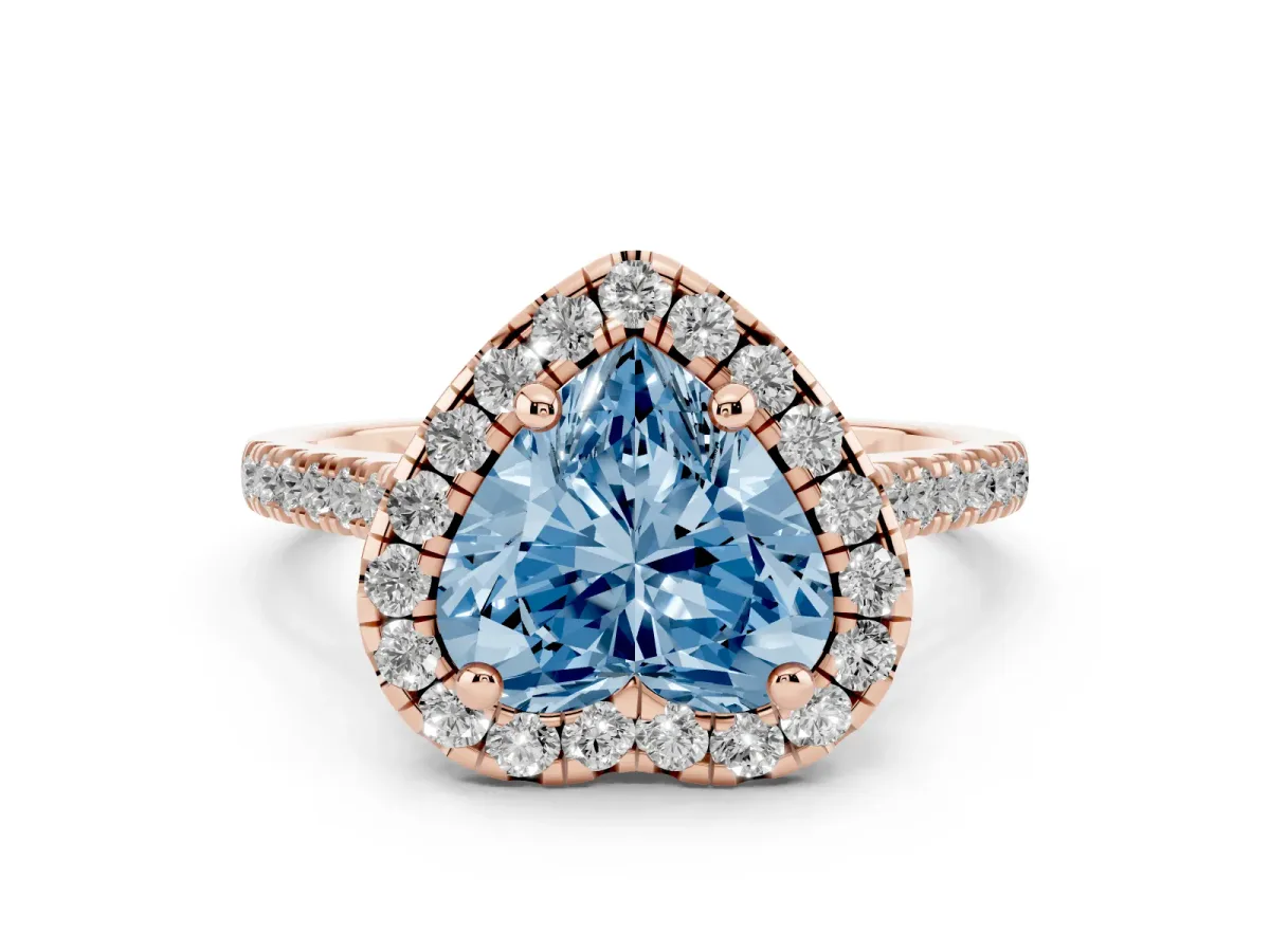 Fancy Blue Heart Cut Diamond Cushion Halo Ring with Pavé Band Rose gold