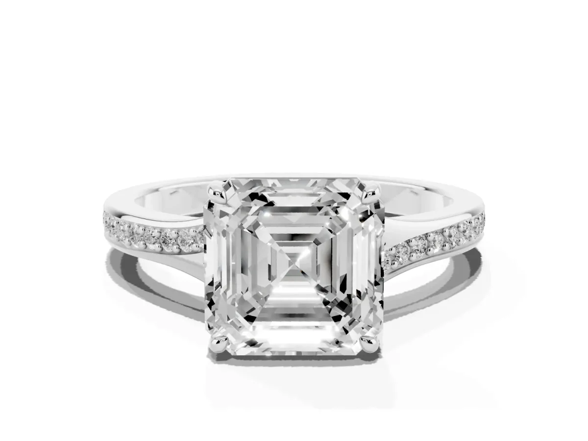 Asscher Cut Diamond Solitaire Ring with Pavé Band and Prong Setting Silver