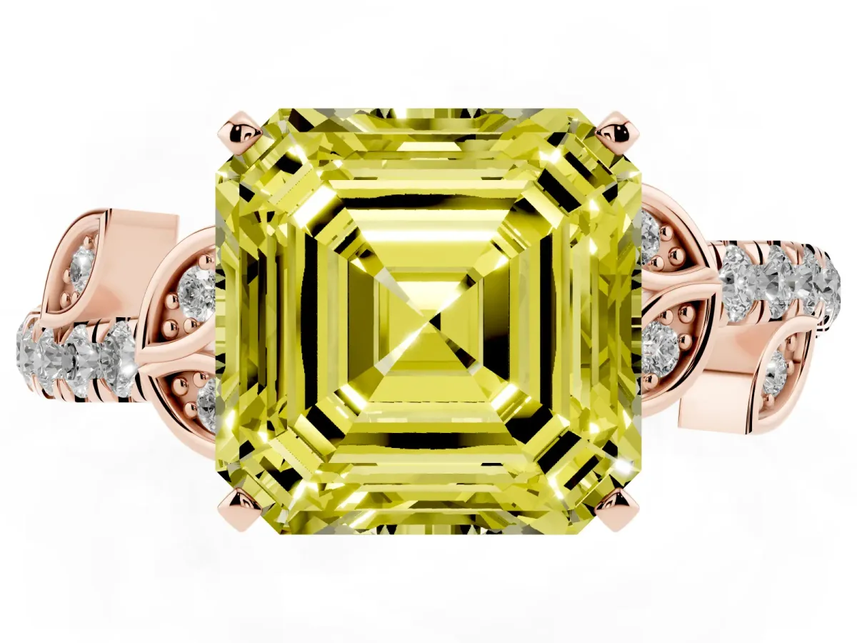 Fancy Yellow Asscher Cut Solitaire Leaf-Inspired Diamond Ring with Pavé Band and Four-Prong Setting Rose gold