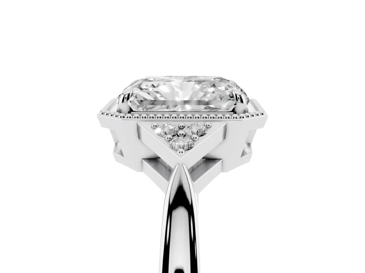Hexagonal Halo Radiant Cut Diamond Solitaire with Pavé Band and Four-Prong Setting White gold