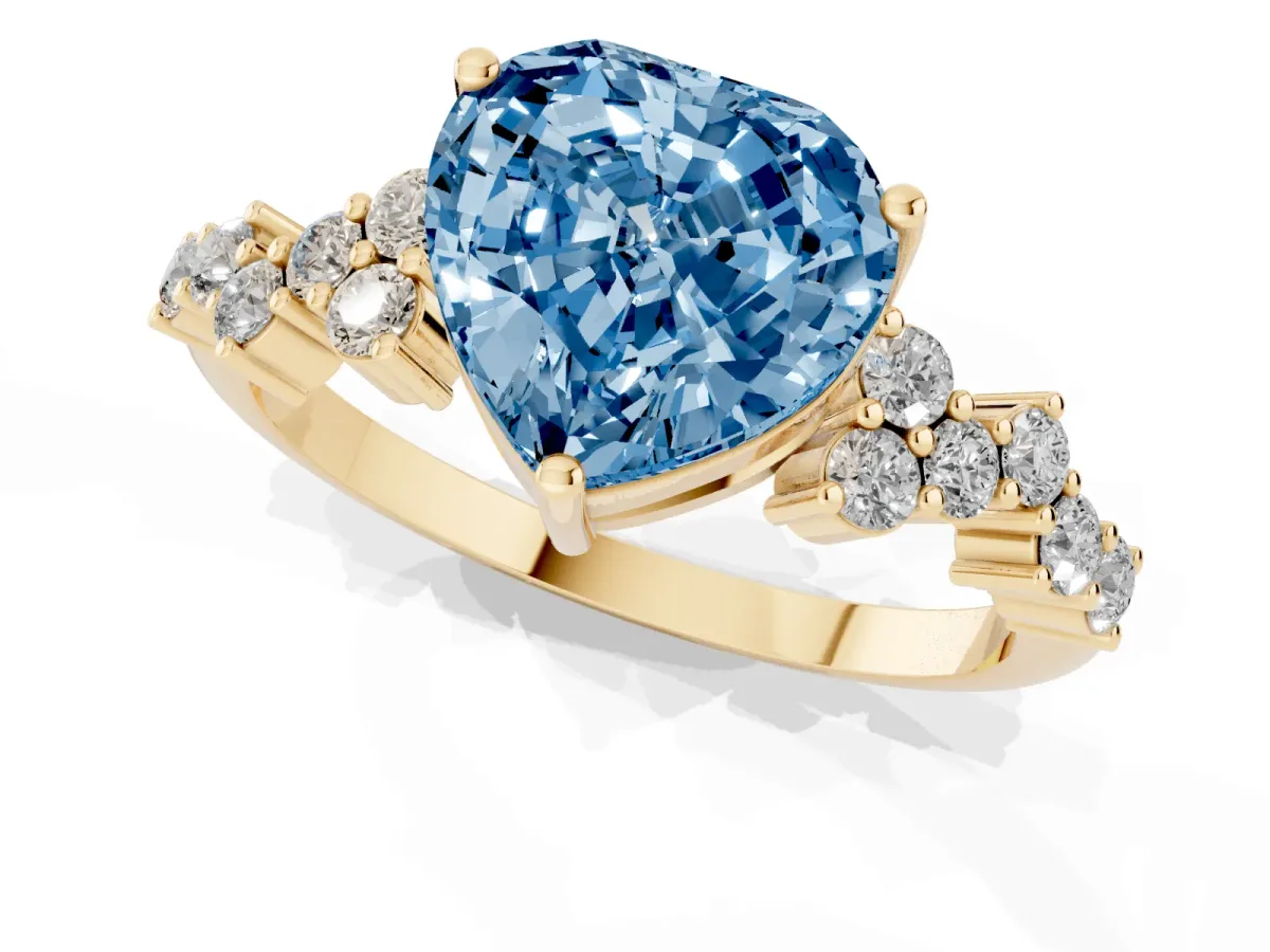 Fancy Blue Heart Cut Diamond Scattered Round Accent Ring with Prong Setting Yellow gold