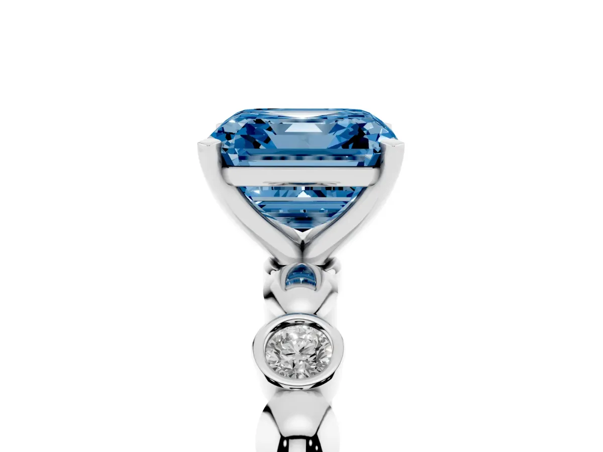 Fancy Blue Asscher Cut Solitaire Bezel-Set Diamond Ring with Beaded Band and Four-Prong Setting Silver