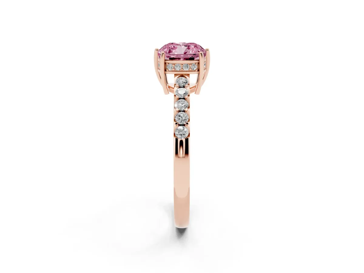 Fancy Pink Cushion Cut Solitaire Diamond Engagement Ring with Pavé Band and Six-Prong Setting Rose gold