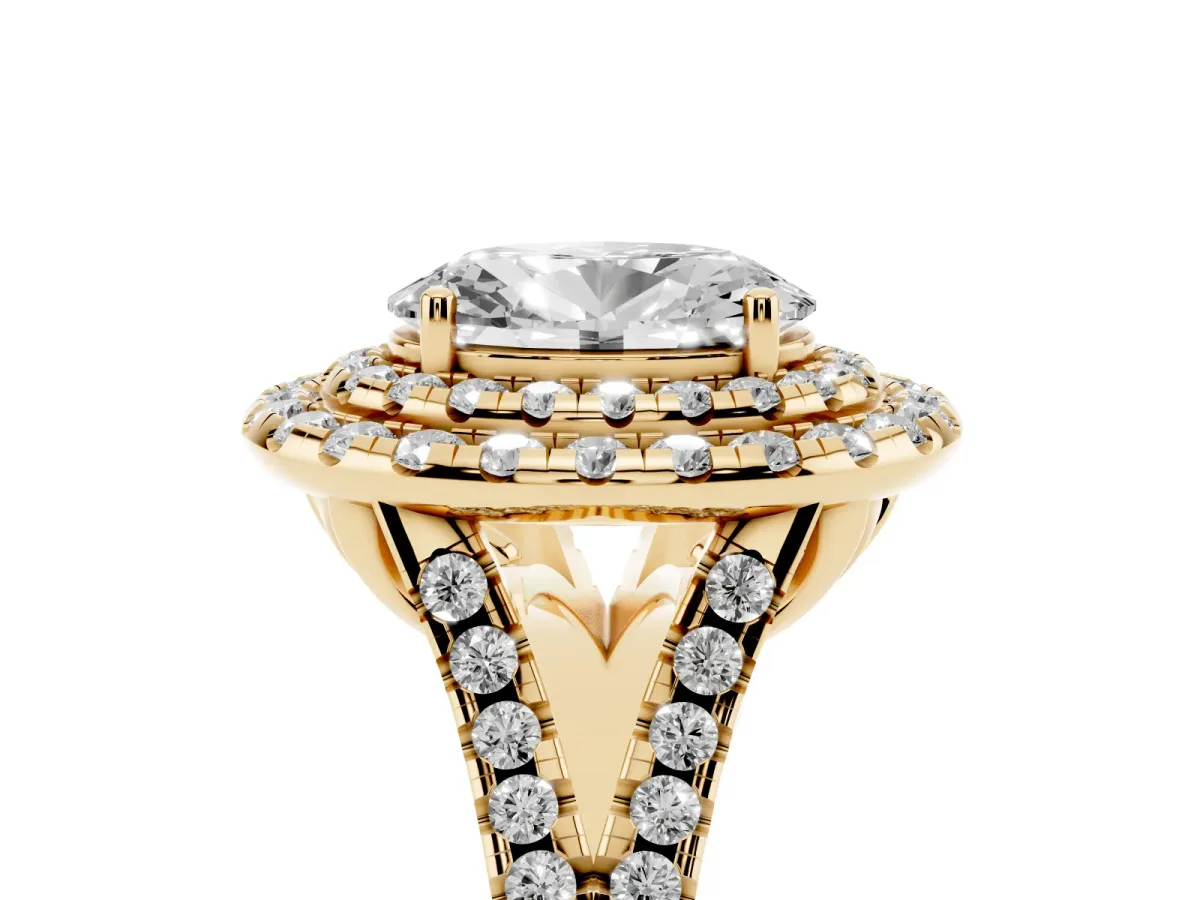 Double Halo Oval Cut Diamond Pavé Split Shank Ring with Prong Setting Yellow gold
