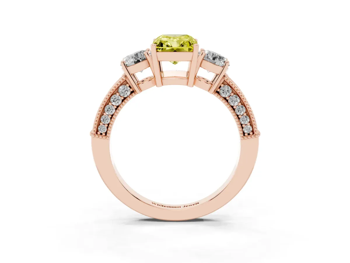 Fancy Yellow Radiant Cut Three-Stone Diamond Ring with Pavé Band and Four-Prong Setting Rose gold