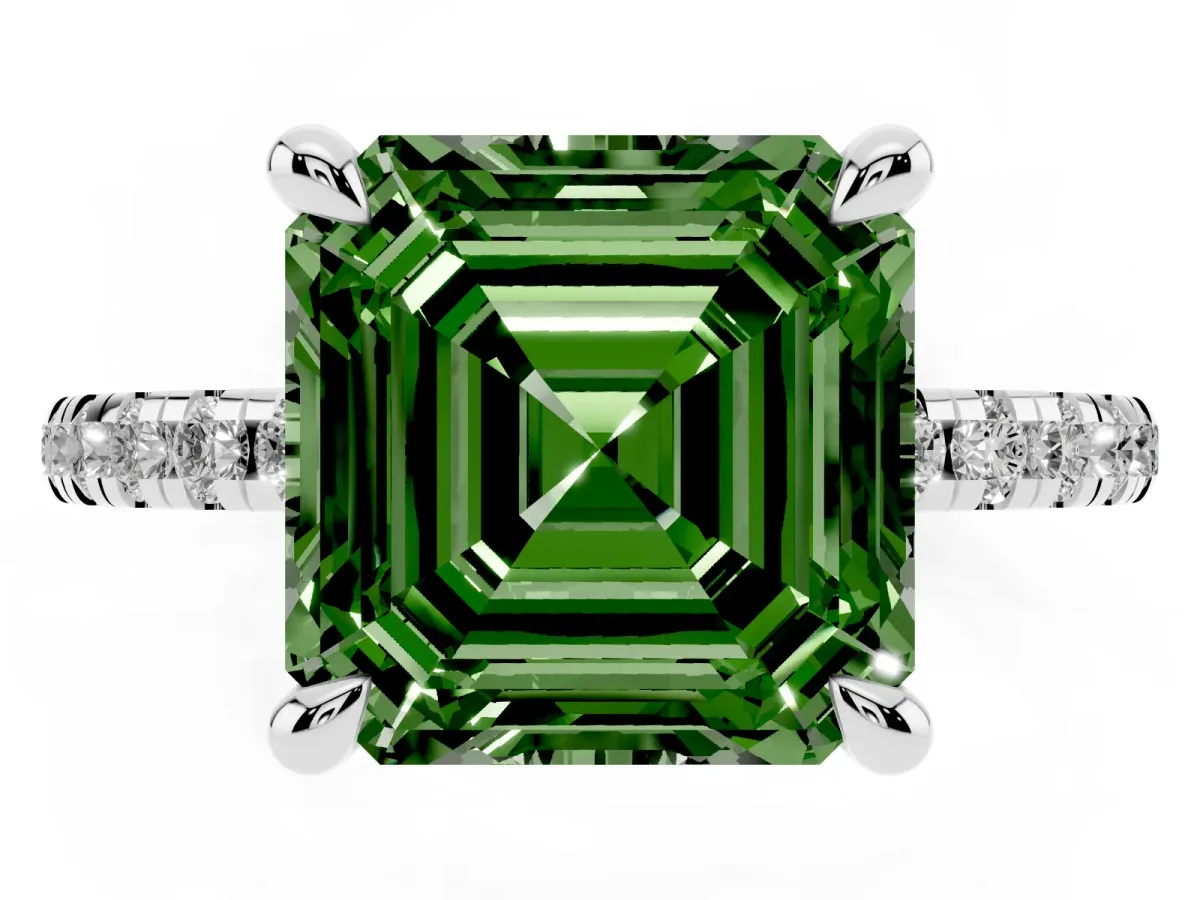 Fancy Green Asscher Cut Diamond Brilliant Solitaire Ring with Pavé Band and Four-Prong Setting White gold