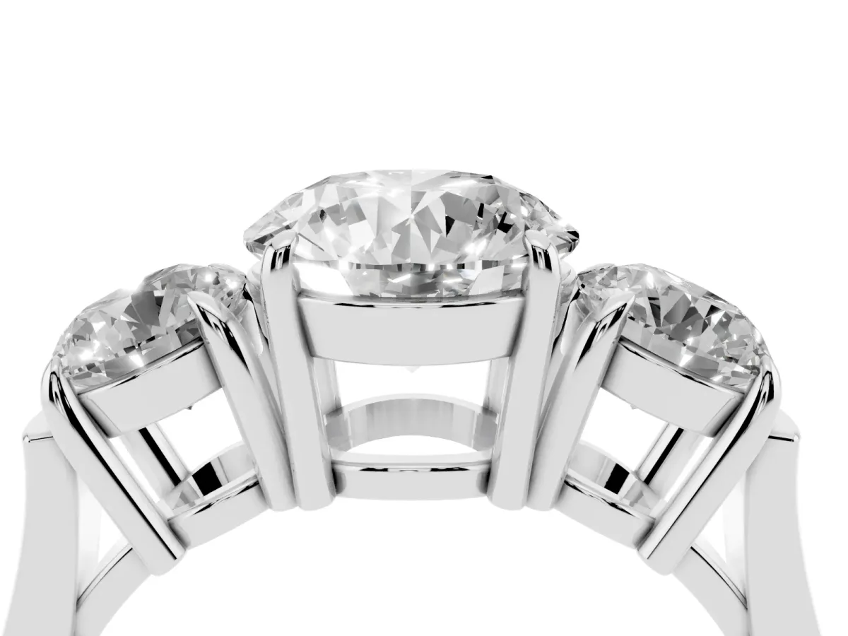Three-Stone Round Cut Cut Diamond Ring with Round Accent Stones, Prong Setting, and Classic Band Silver