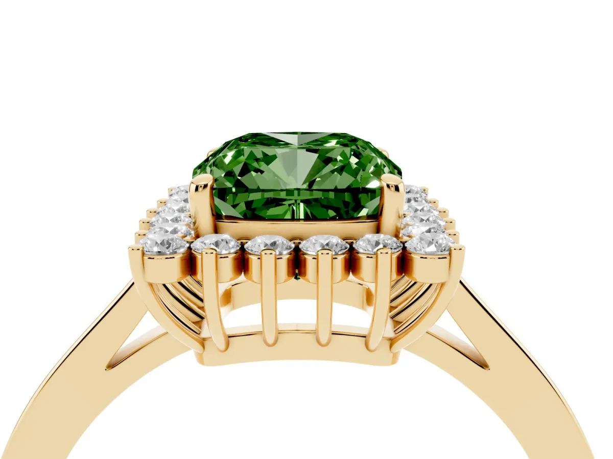 Fancy Green Cushion Cut Cut Diamond Halo Ring with Round Brilliant Halo and Solitaire Band Yellow gold