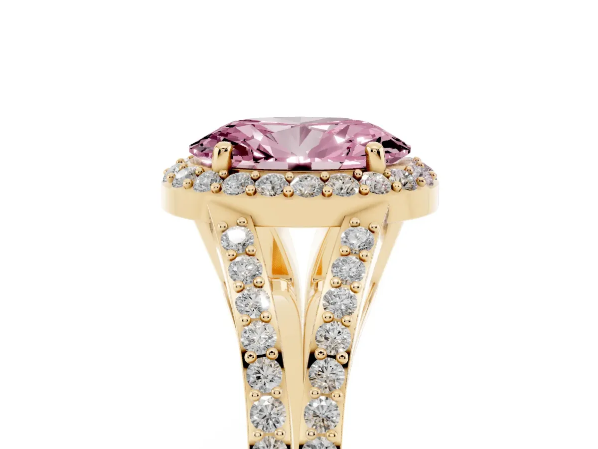 Fancy Pink Oval Cut Halo Split Shank Diamond Ring with Prong Setting Yellow gold