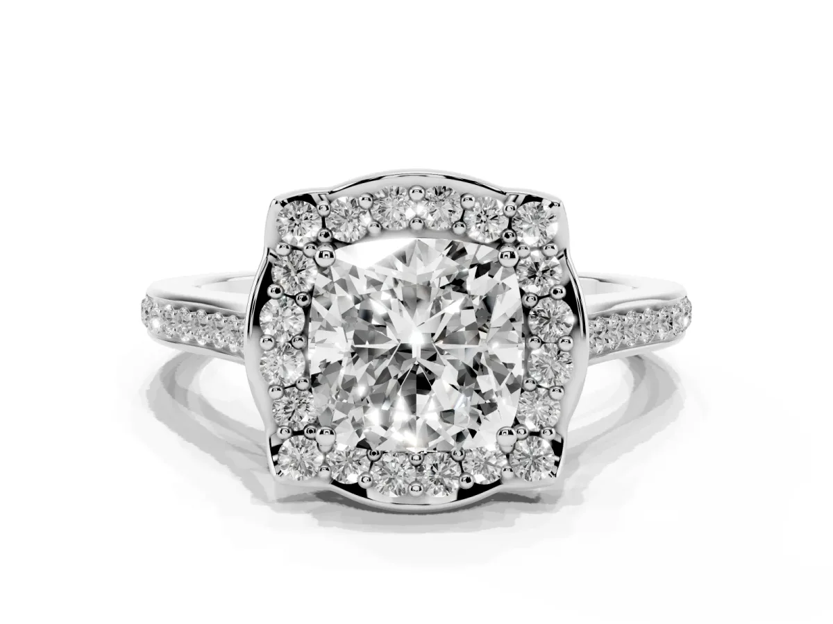 Cushion Cut Halo Round Diamond Pave Band with Four-Prong Setting Silver