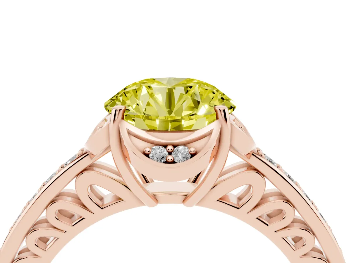 Fancy Yellow Round Cut Cut Halo Diamond Ring with Channel Set Band and Four-Prong Setting Rose gold