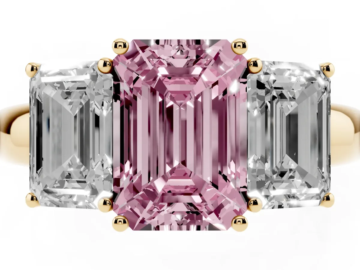 Fancy Pink Emerald Cut Diamond Three-Stone Ring with Four-Prong Setting and Classic Band Yellow gold