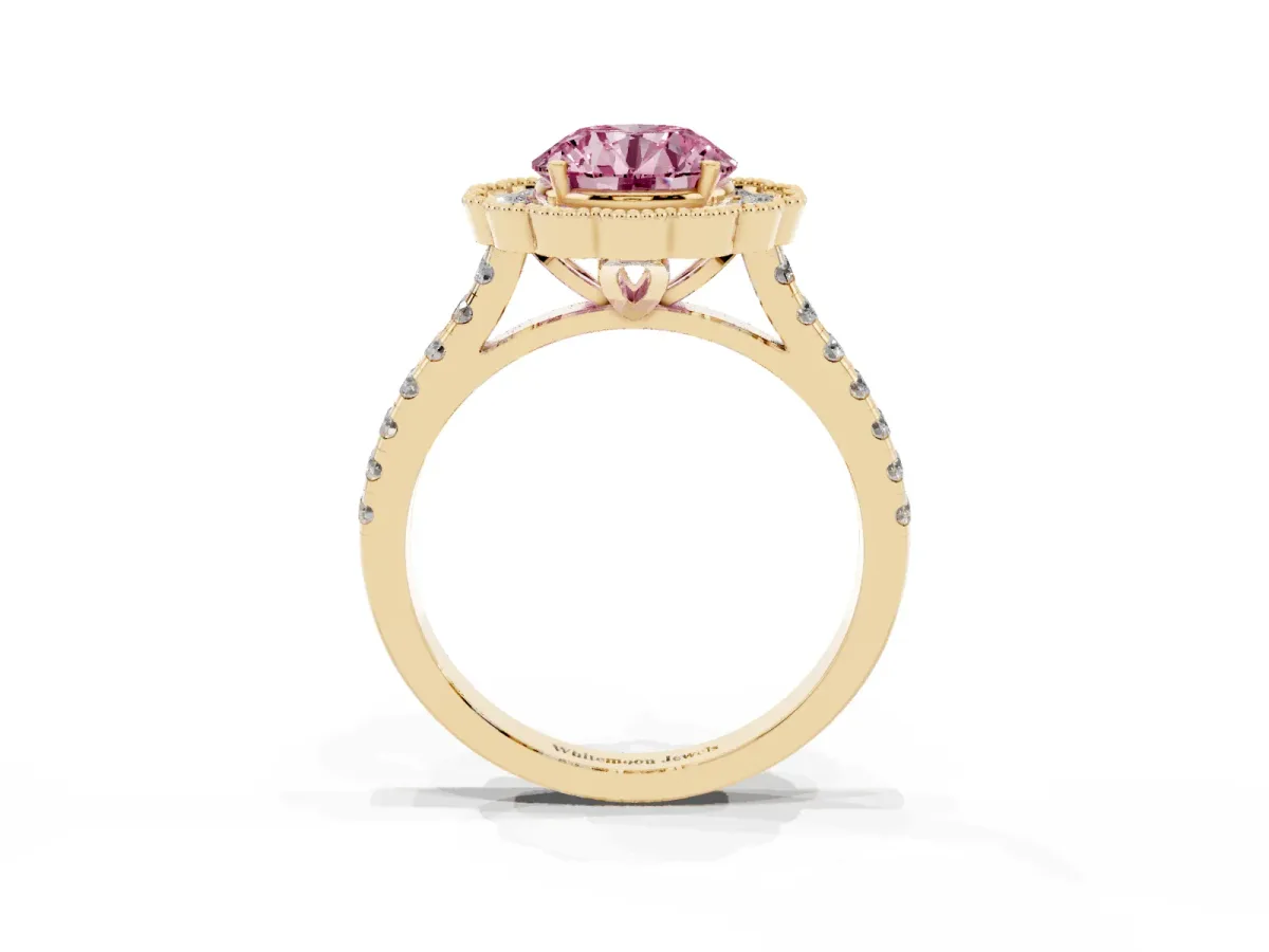Fancy Pink Round Cut Cut Diamond Milgrain Floral Halo Engagement Ring with Pavé Band Yellow gold